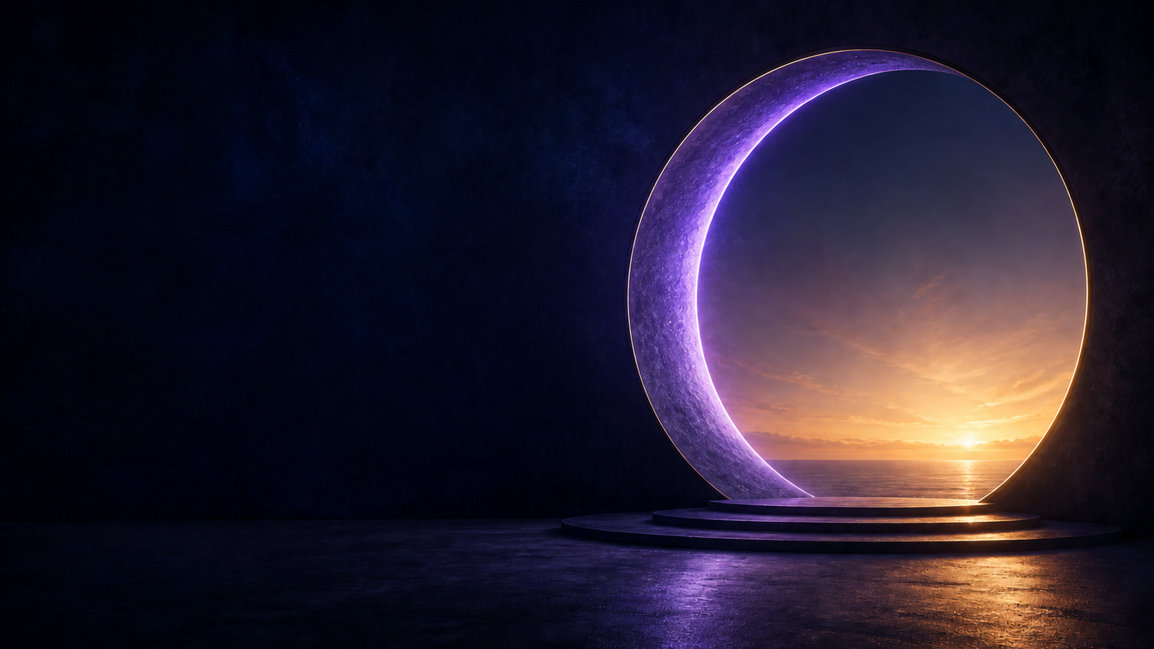 Un passage circulaire ouvert sur un paysage au coucher du soleil.
